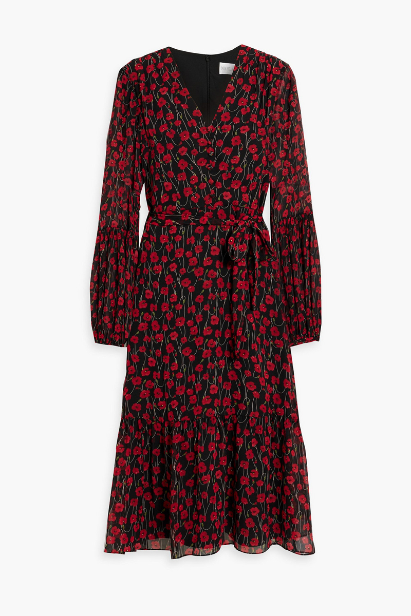 mikael aghal - belted floral-print chiffon midi dress - red - us 2