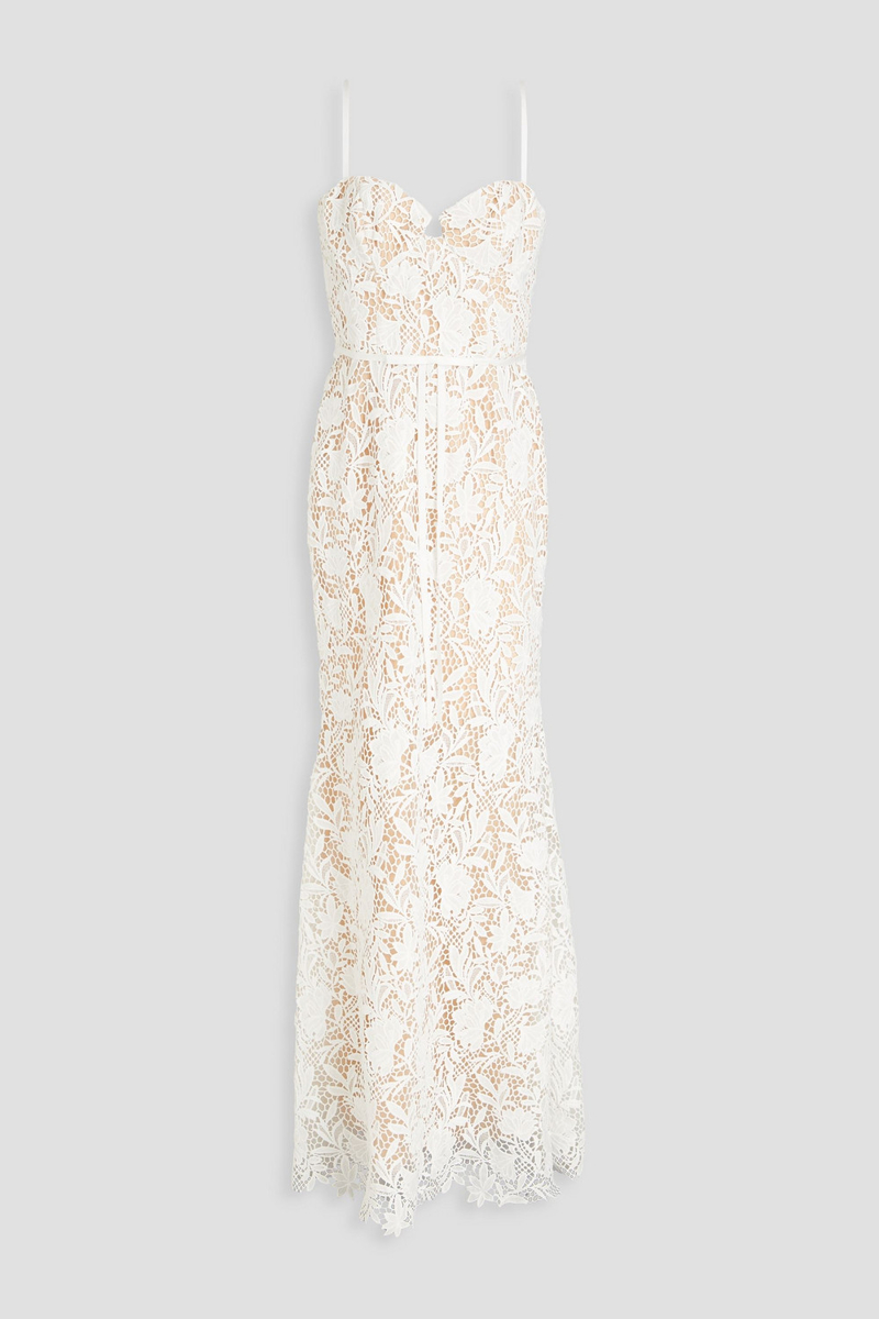 marchesa notte - satin-trimmed guipure lace and tulle gown - white - us 6