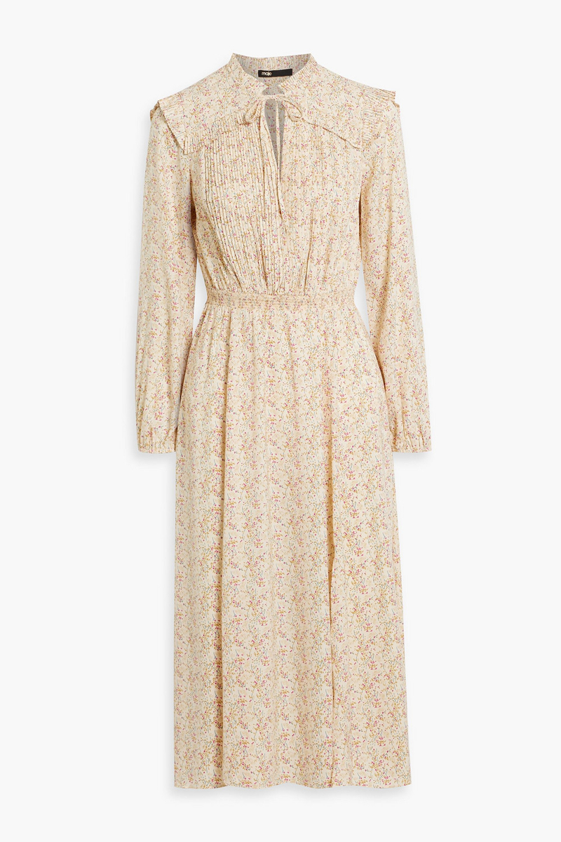 maje - pintucked floral-print crepe midi dress - white - fr 36