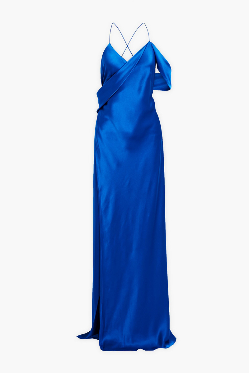 michelle mason - draped silk-satin wrap gown - blue - us 10