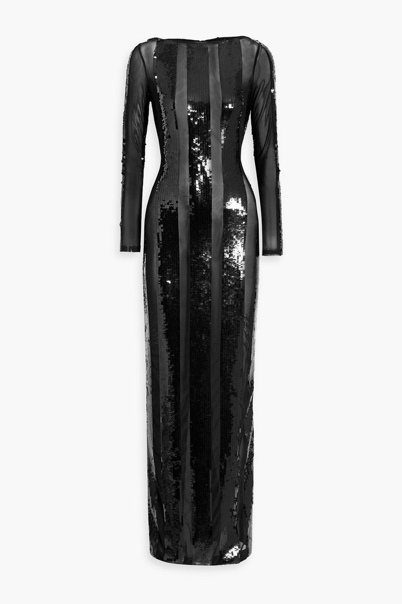 retrofête - elsi striped sequin-embellished mesh gown - black - m