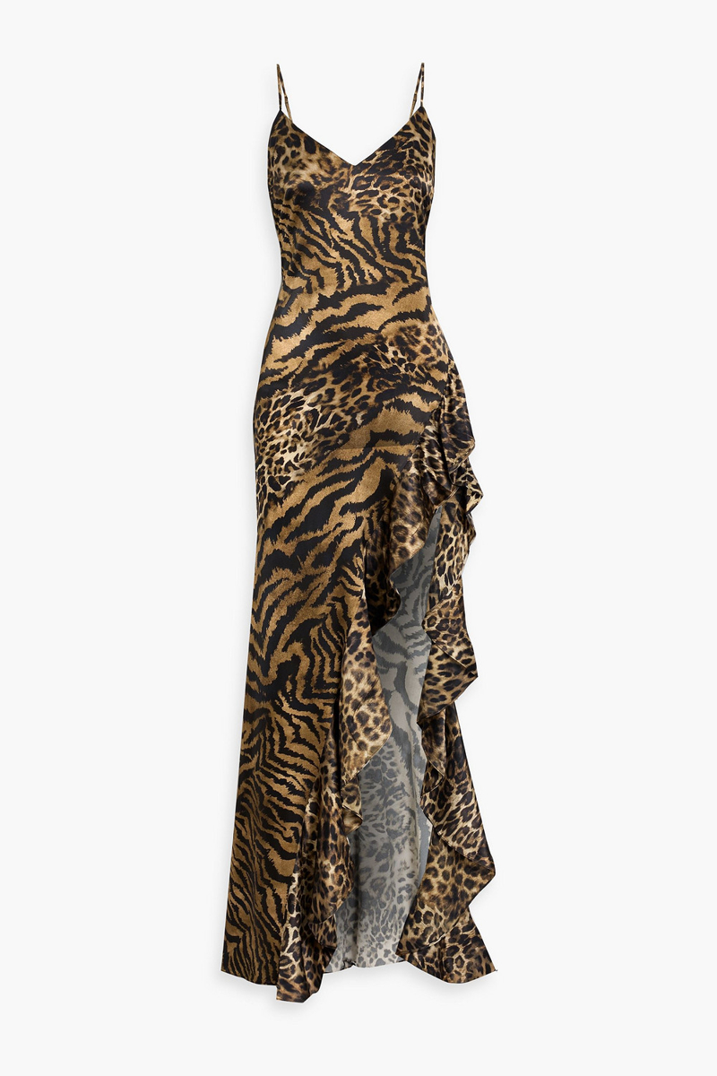retrofête - raelynn ruffled printed silk-blend satin maxi dress - animal print - s