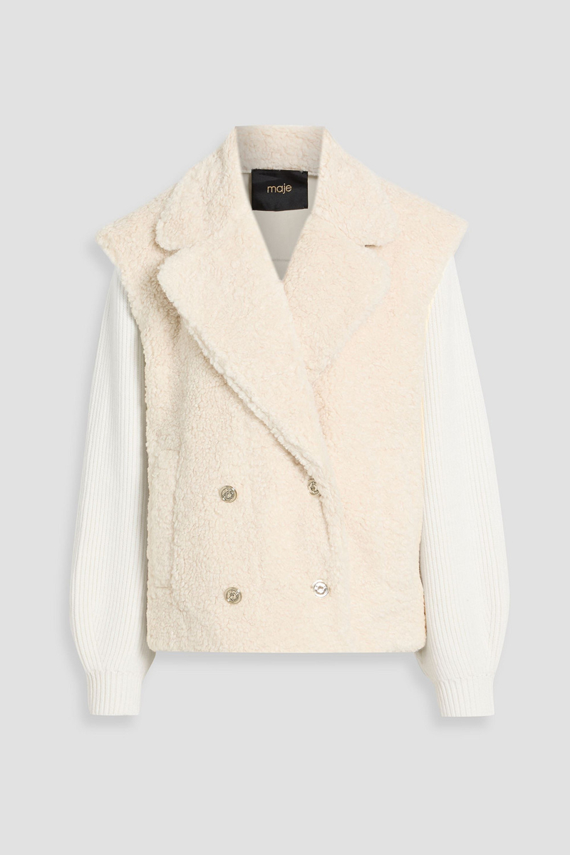 maje - double-breasted teddy fleece and ribbed-knit jacket - neutral - fr 40