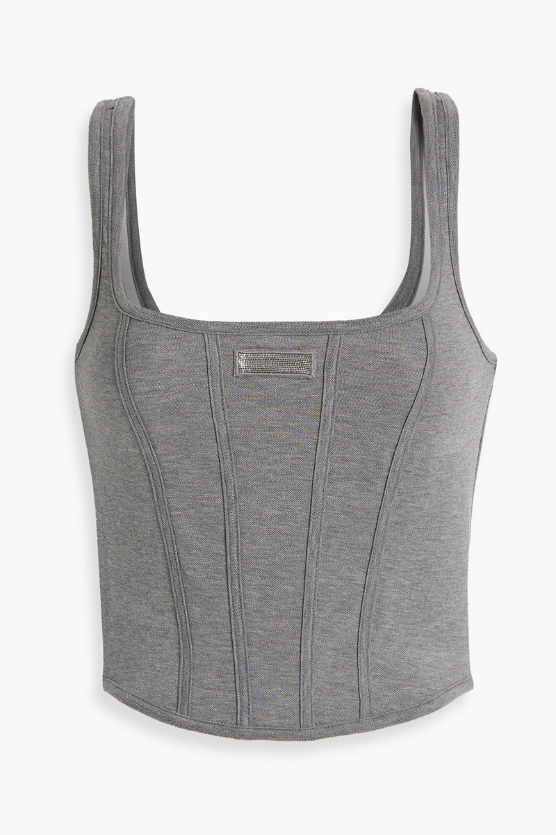 brunello cucinelli - cropped bead-embellished cotton-blend piqué bustier top - gray - m