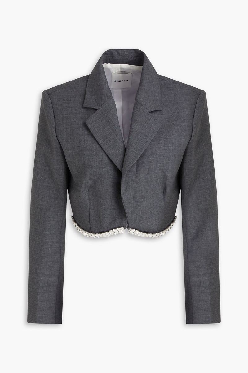 sandro - crystal-embellished cropped wool-blend twill blazer - gray - fr 42