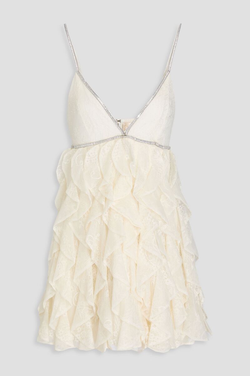 Alice Olivia - Wilmarie crystal-embellished ruffled corded lace mini dress - White - US 12