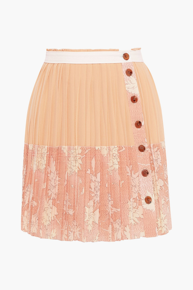 Chloé - Paneled pleated printed silk-georgette mini skirt - Orange - FR 36