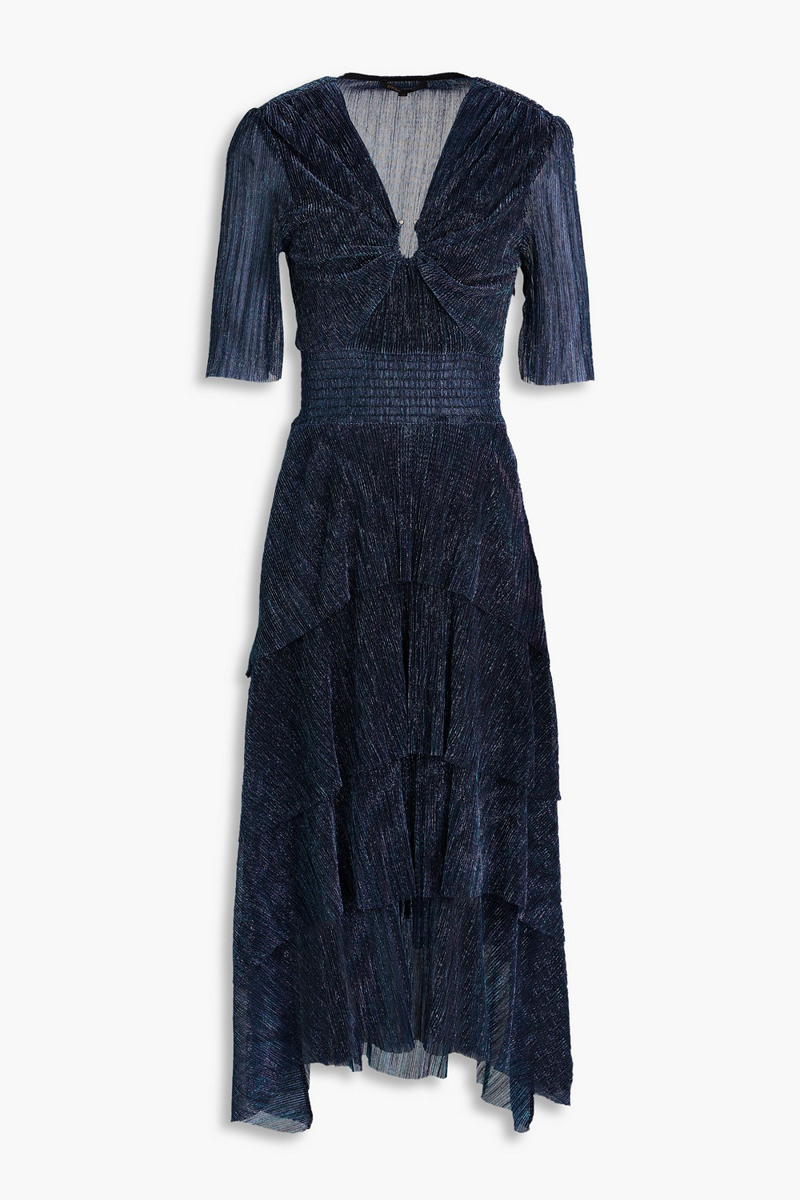 maje - tiered lamé midi dress - blue - fr 34