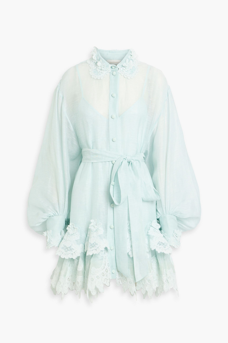 zimmermann - lace-trimmed linen and silk-blend gauze mini shirt dress - green - 0