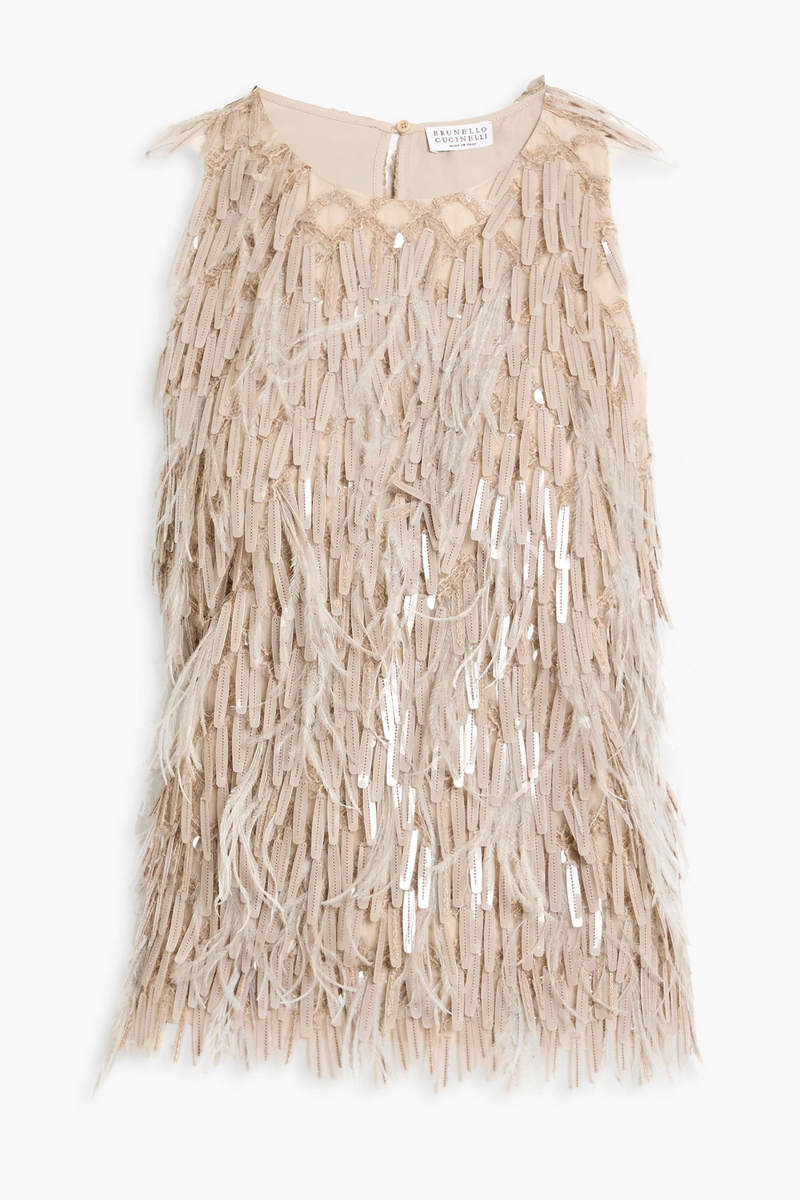 brunello cucinelli - embellished silk crepe de chine top - neutral - xs