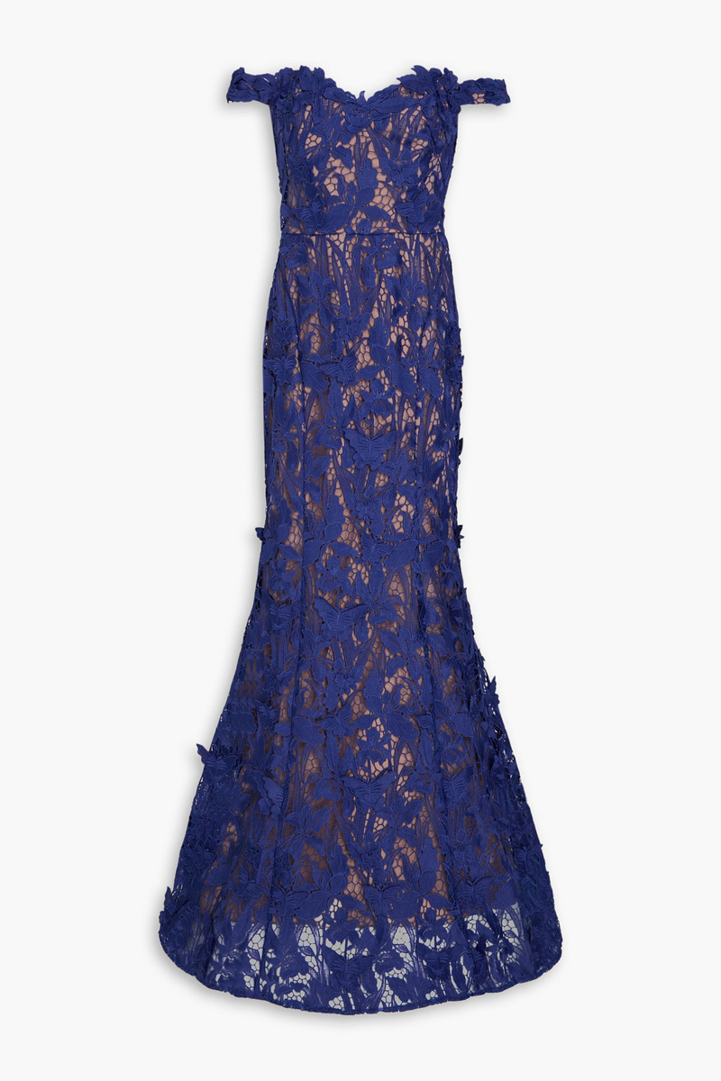 marchesa notte - off-the-shoulder guipure lace gown - blue - us 0