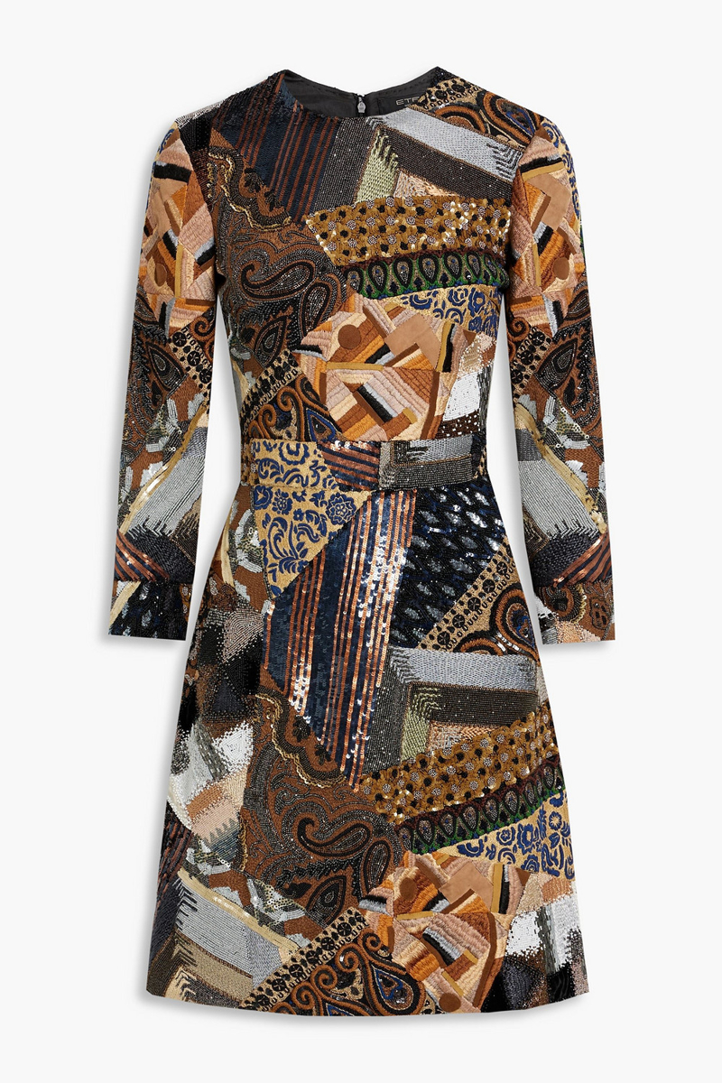 Etro - Embellished patchwork-effect wool dress - Brown - IT 42