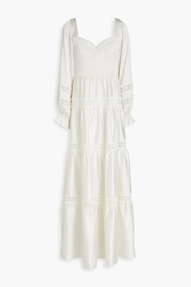 ML Monique Lhuillier - Lace-trimmed shirred hammered-satin maxi dress - White - US 4