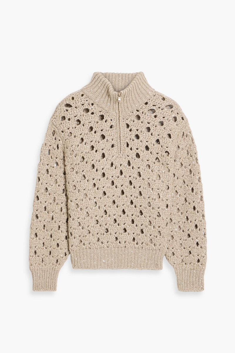 brunello cucinelli - sequin-embellished open-knit cashmere-blend half-zip sweater - neutral - m