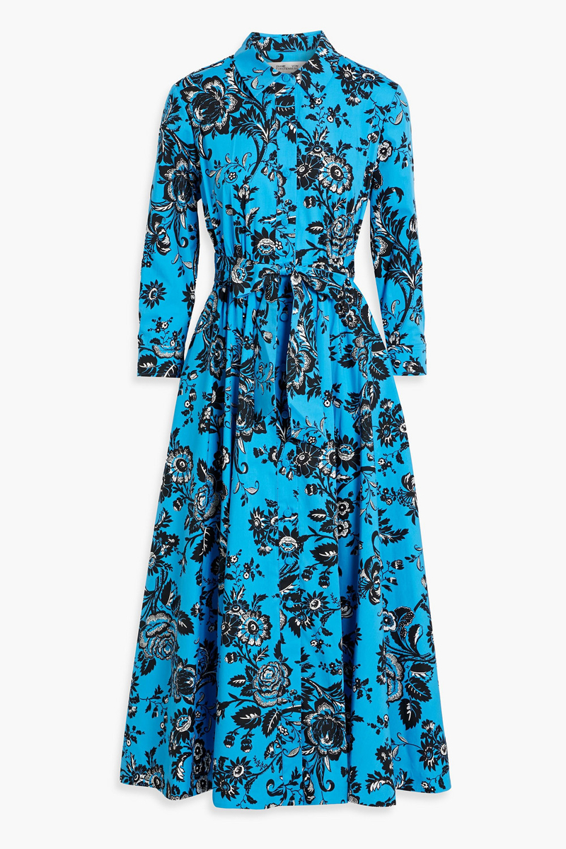 diane von furstenberg - blaine floral-print cotton-blend poplin midi shirt dress - blue - xxs