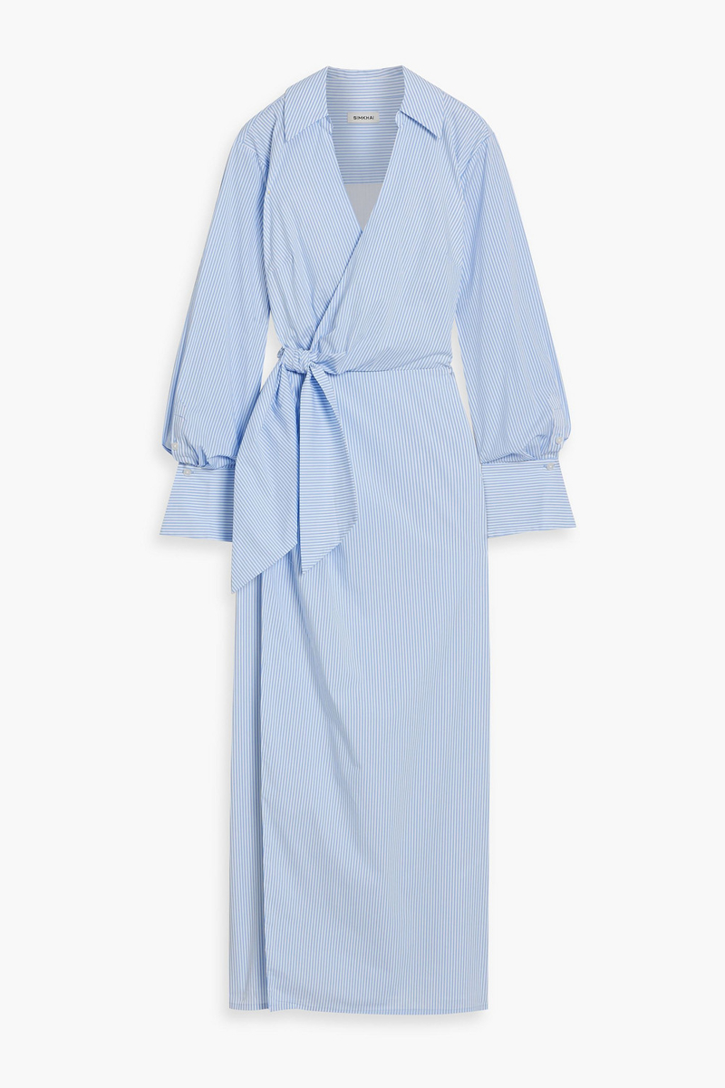 simkhai - briar wrap-effect striped cotton-blend poplin maxi shirt dress - blue - us 2