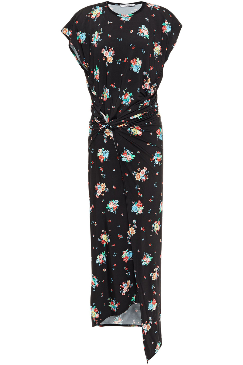 RABANNE - Draped floral-print stretch-jersey midi dress - Black - FR 36
