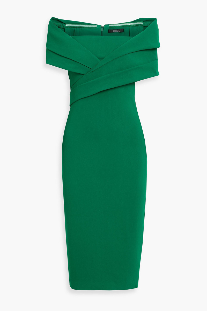 badgley mischka - off-the-shoulder draped crepe midi dress - green - us 4