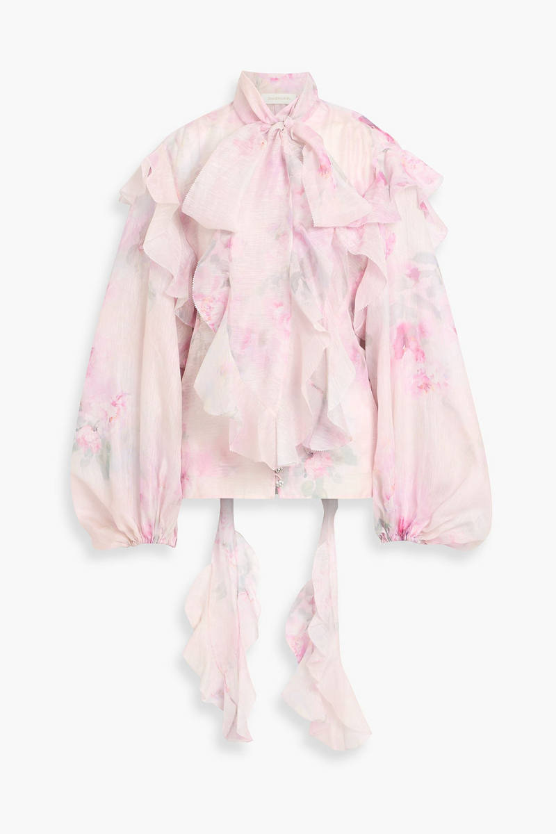 zimmermann - pussy-bow floral-print linen and silk-blend gauze top - pink - 1