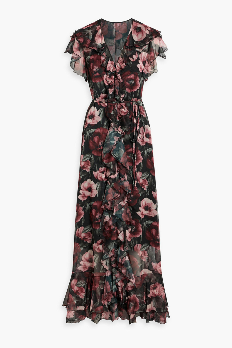 mikael aghal - ruffled floral-print georgette maxi dress - red - us 4