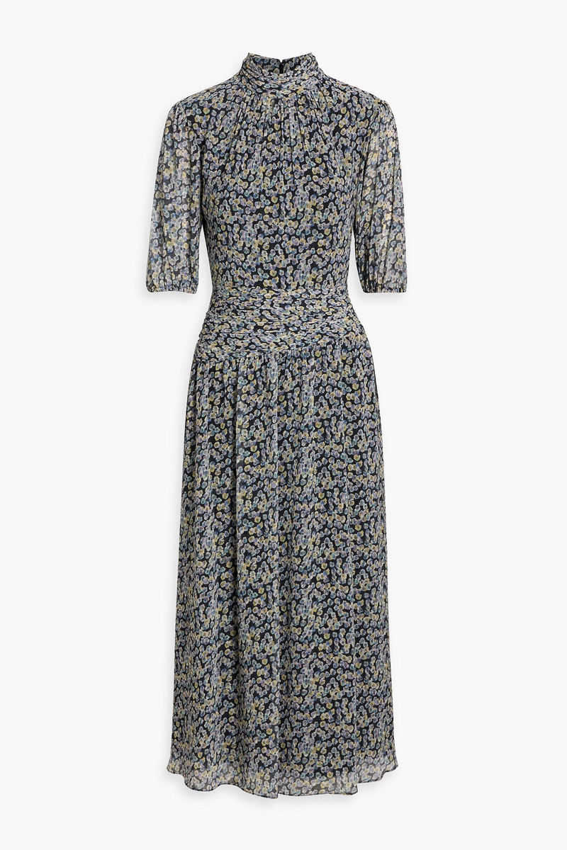 mikael aghal - gathered floral-print chiffon midi dress - black - us 4