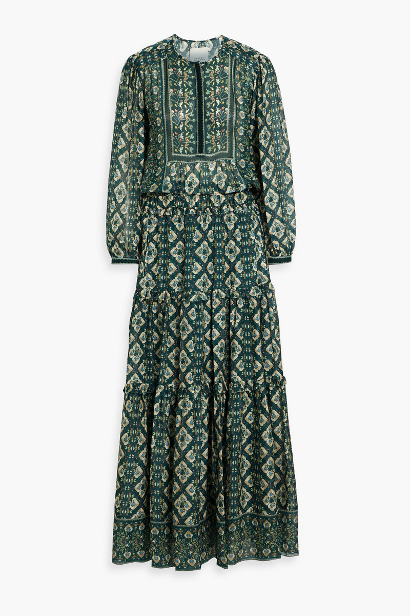 isabel marant - mafezia tiered printed silk-jacquard maxi dress - blue - fr 34