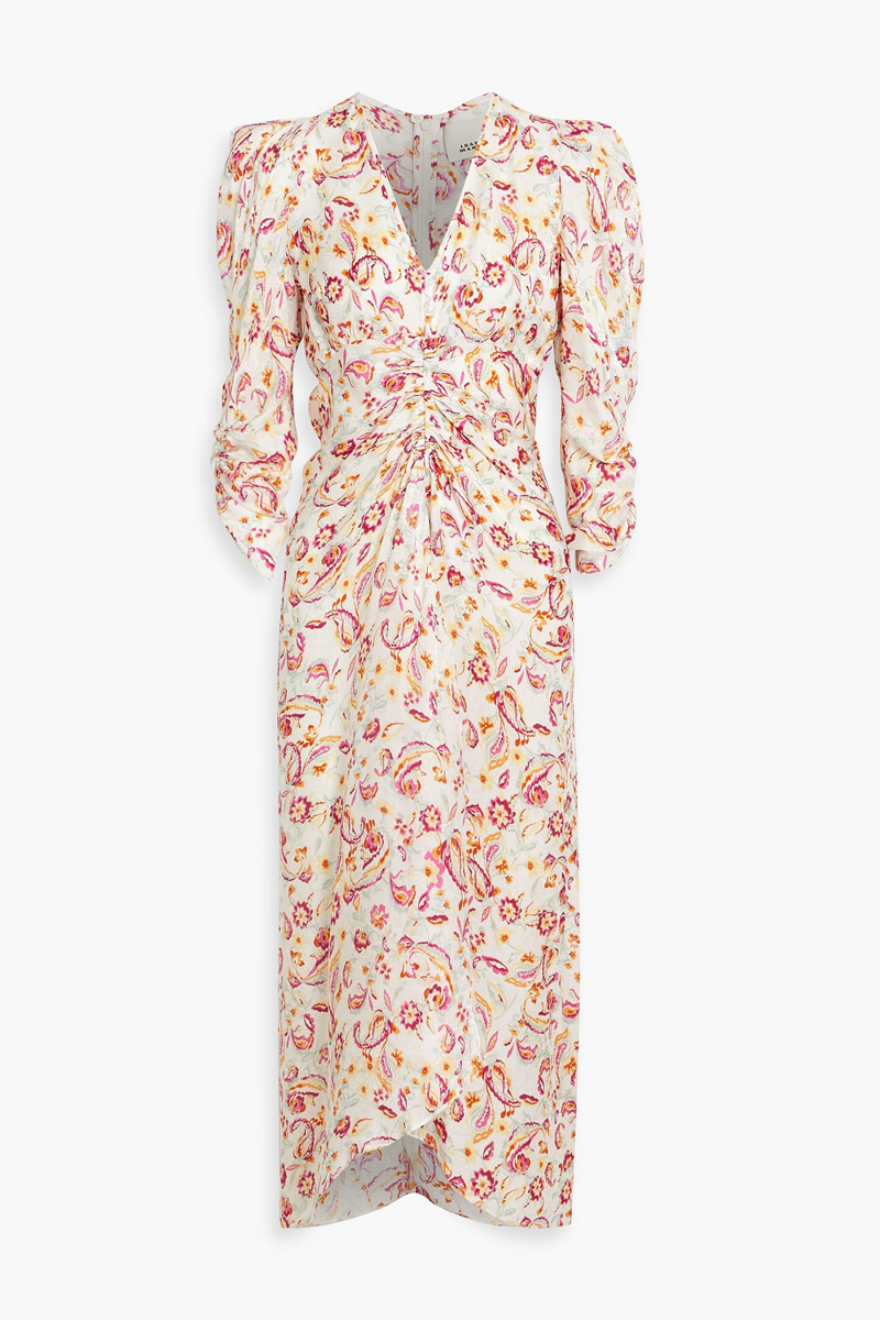 isabel marant - ruched printed satin-jacquard midi dress - pink - fr 34