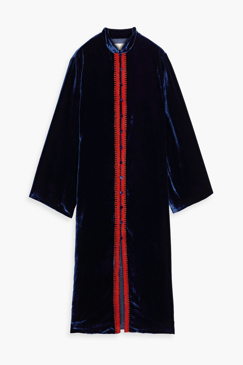 saloni - amari embroidered velvet robe - blue - uk 12