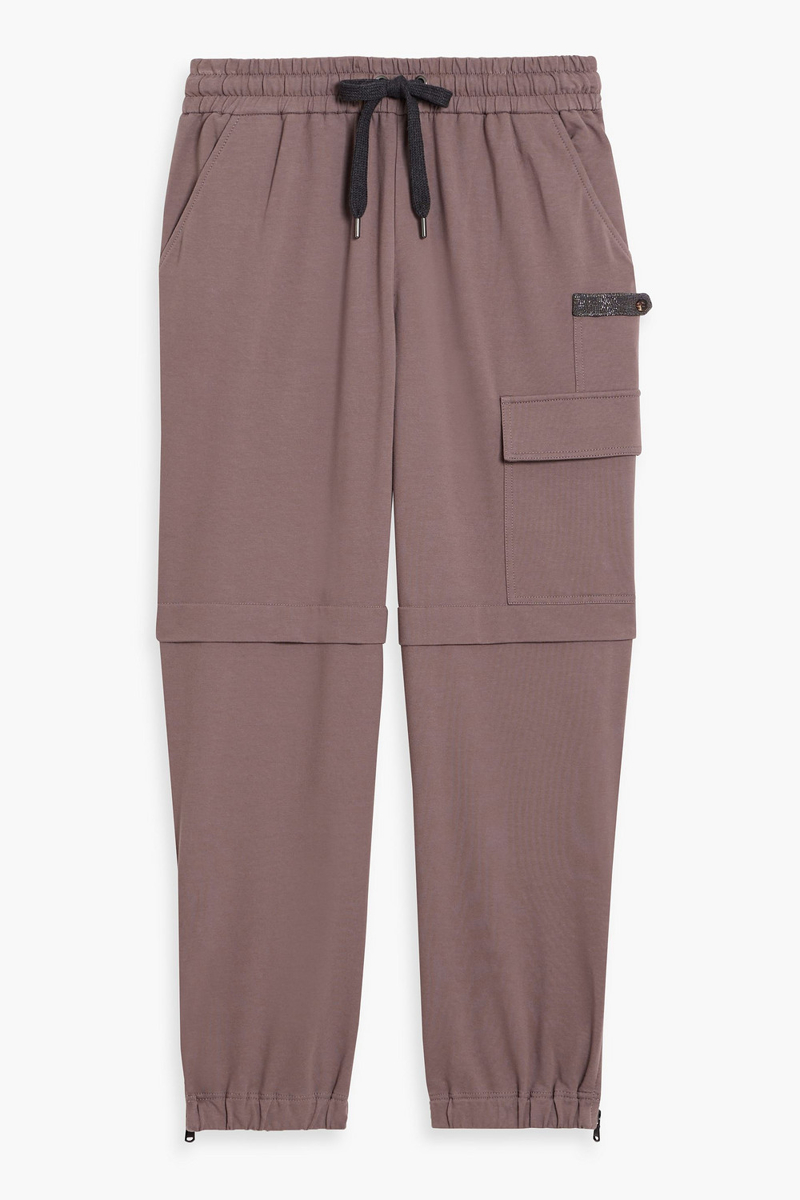 brunello cucinelli - bead-embellished french cotton-blend terry track pants - purple - s