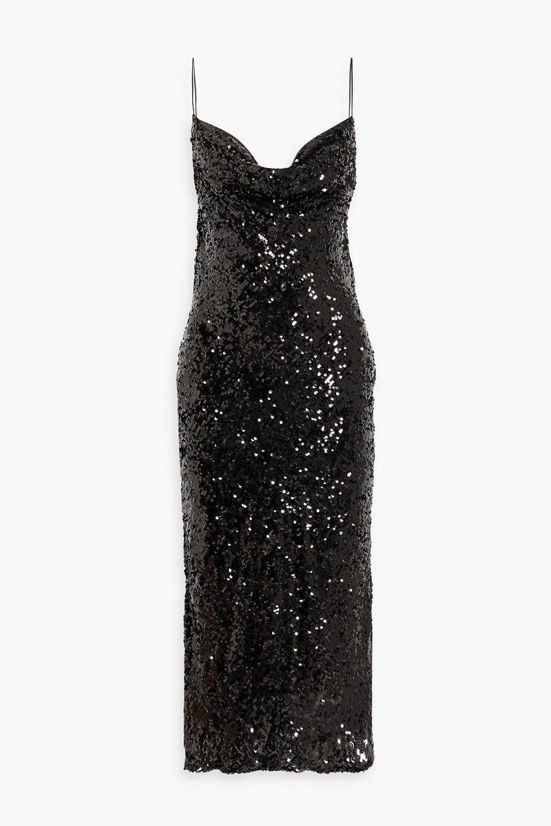 lapointe - draped sequined chiffon midi dress - black - us 0