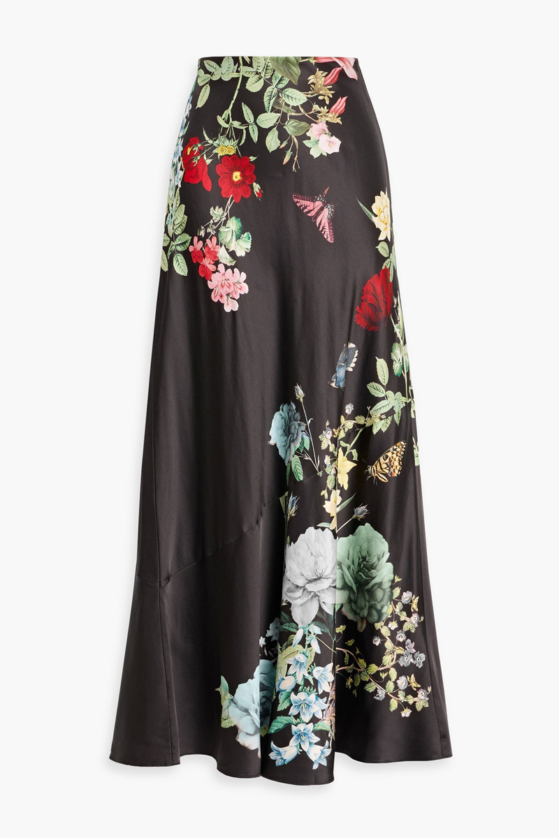 alice olivia - terese floral-print satin maxi skirt - black - us 0