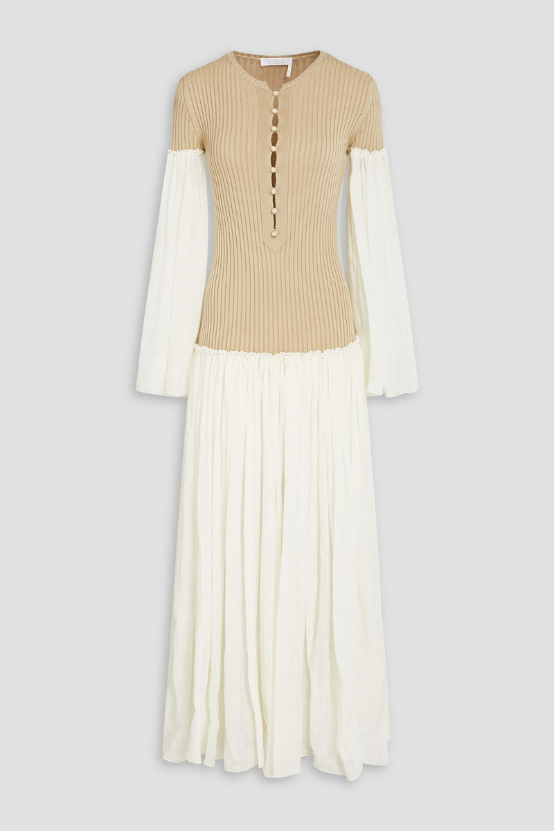 chloé - gauze-paneled ribbed wool and cashmere-blend maxi dress - neutral - fr 40