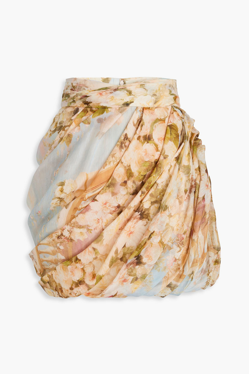 zimmermann - draped floral-print linen and silk-blend gauze mini skirt - neutral - 00
