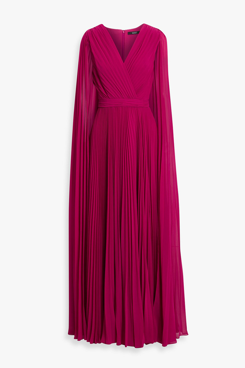 badgley mischka - cape-effect pleated chiffon gown - purple - us 2