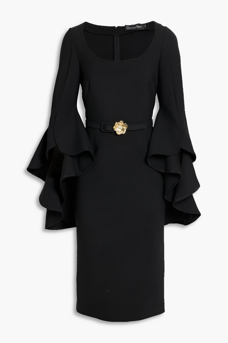 oscar de la renta - ruffled wool-blend crepe midi dress - black - us 4