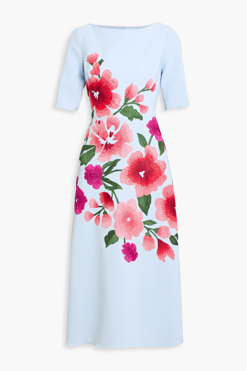 carolina herrera - embroidered crepe midi dress - blue - us 0
