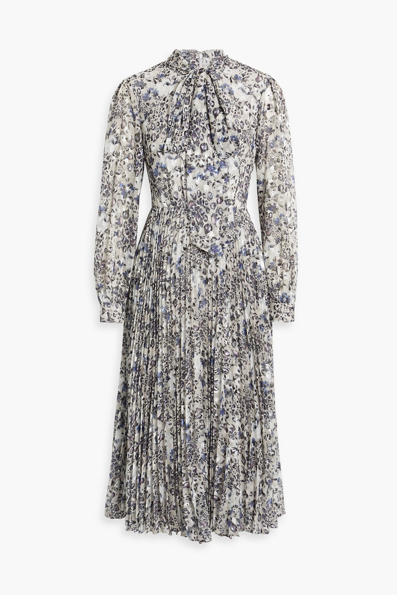 Mikael Aghal - Pleated printed fil coupé chiffon midi dress - Gray - US 8
