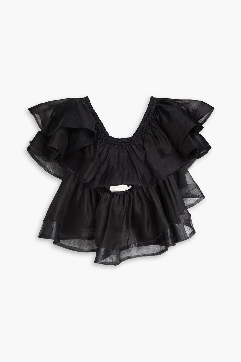 zimmermann - cropped tiered linen and silk-blend top - black - 00