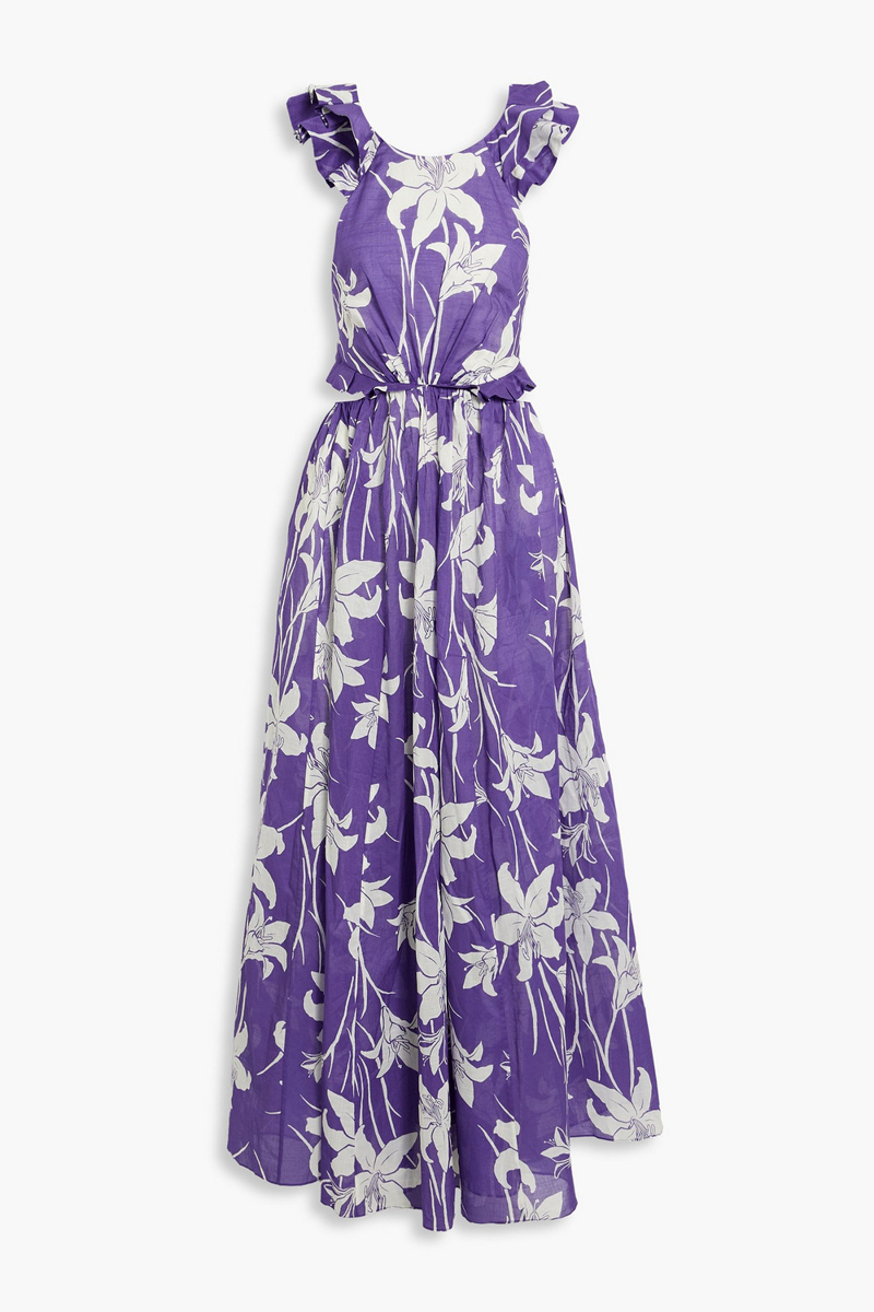 zimmermann - ruffled cutout floral-print cotton-voile maxi dress - purple - 00