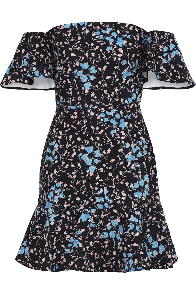Saloni - Amelia off-the-shoulder ruffled floral-print cady mini dress - Black - UK 12