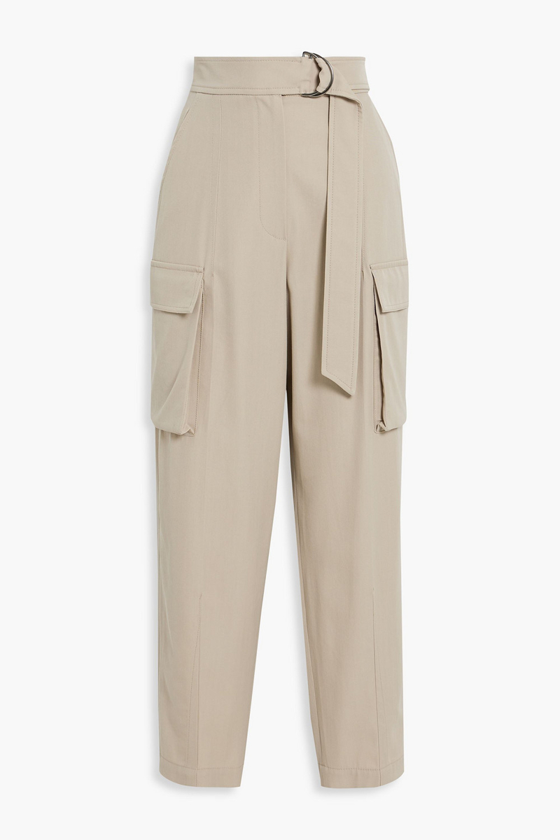 brunello cucinelli - belted wool and cotton-blend twill tapered pants - neutral - it 42