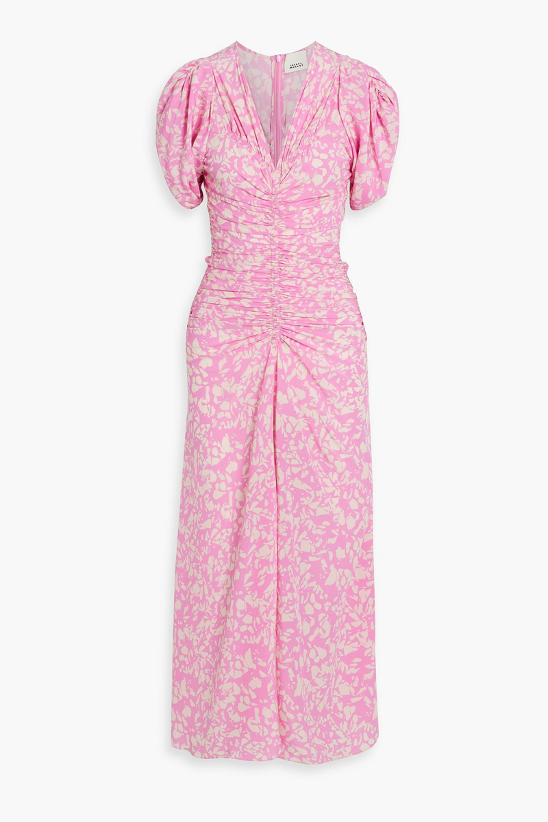 isabel marant - lilia ruched printed stretch-silk midi dress - pink - fr 34