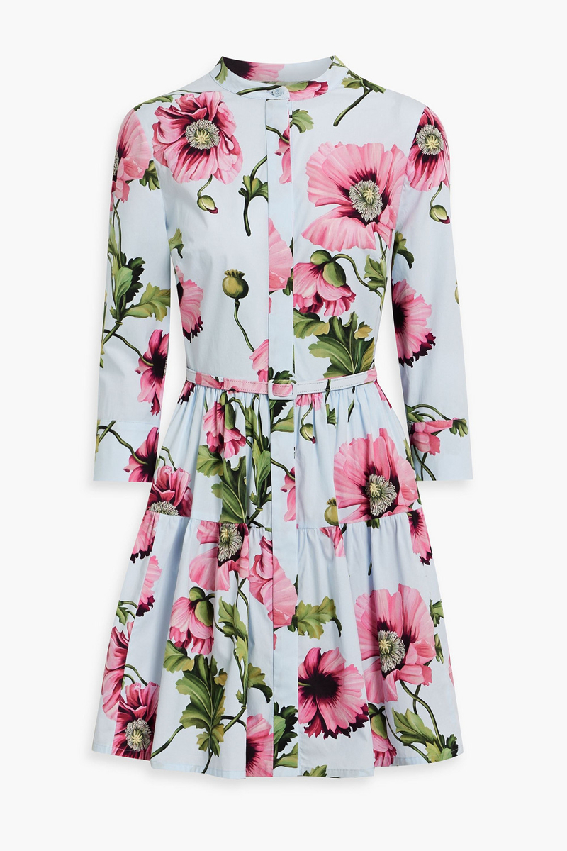oscar de la renta - belted floral-print cotton-blend poplin mini dress - blue - us 12