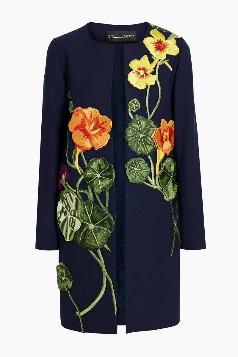 oscar de la renta - floral-appliquéd grain de poudre wool-blend coat - blue - us 4