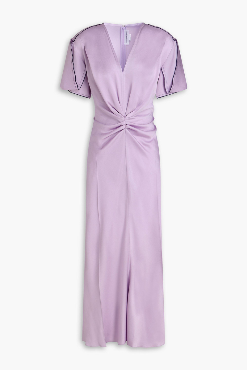 victoria beckham - gathered satin-crepe midi dress - purple - uk 4