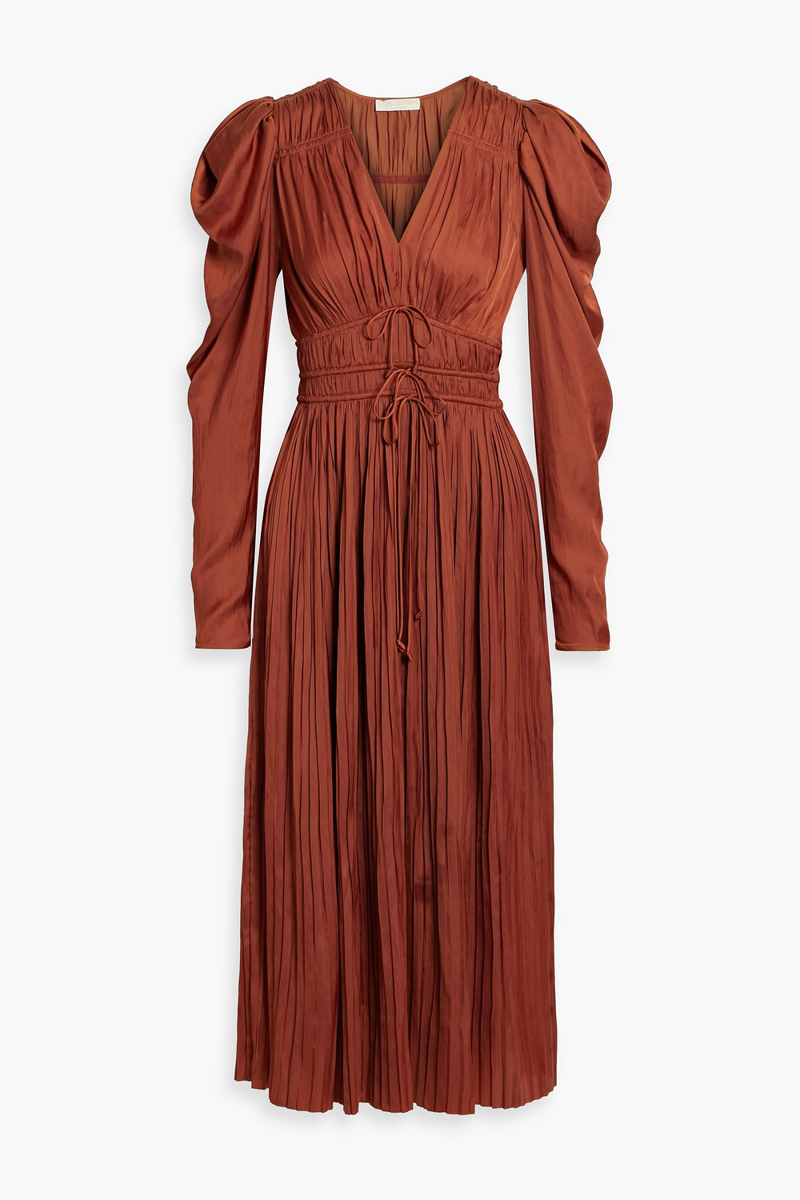 ulla johnson - lelou pleated satin midi dress - brown - us 4