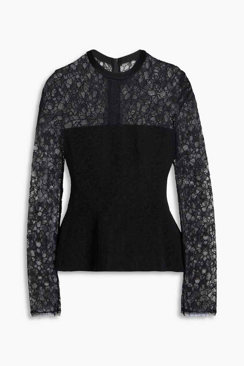 simkhai - prima corded lace-paneled cloqué peplum top - black - us 4