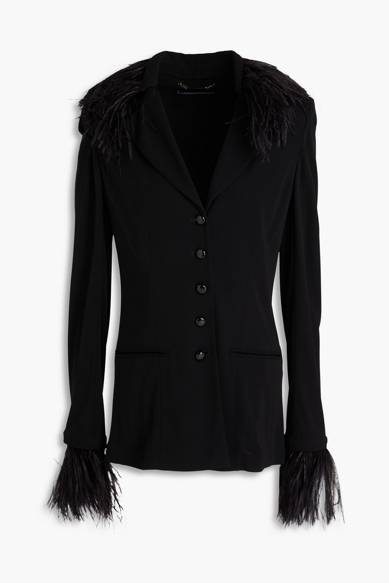 alberta ferretti - feather-trimmed jersey blazer - black - it 40
