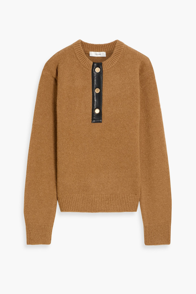 frame - leather-trimmed knitted sweater - brown - s