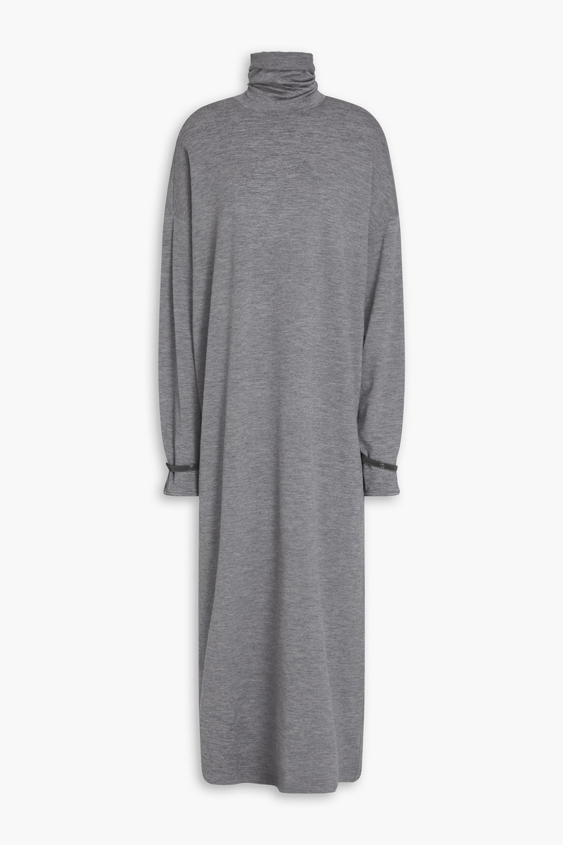 brunello cucinelli - bead-embellished wool-blend jersey turtleneck midi dress - gray - s
